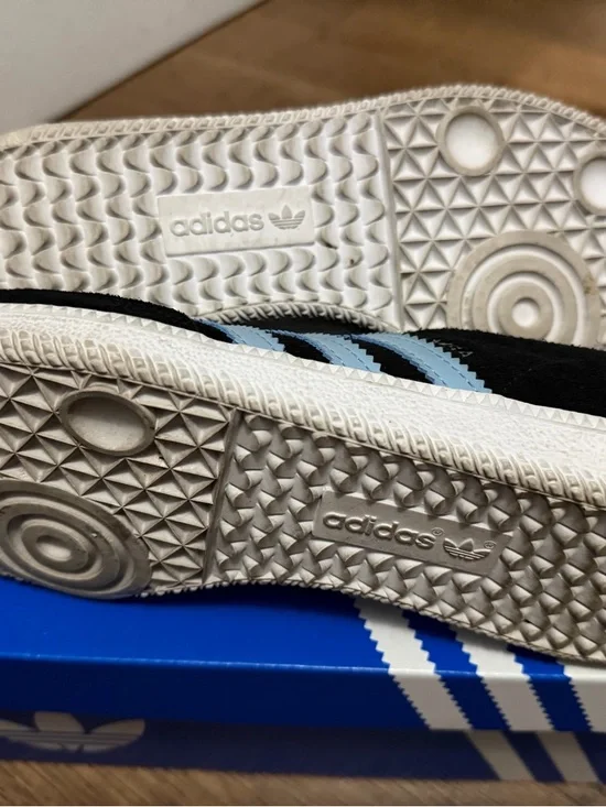 adidas Samba • Black Suede Sneakers with Light Blue Three Stripes - Picture 3 of 3